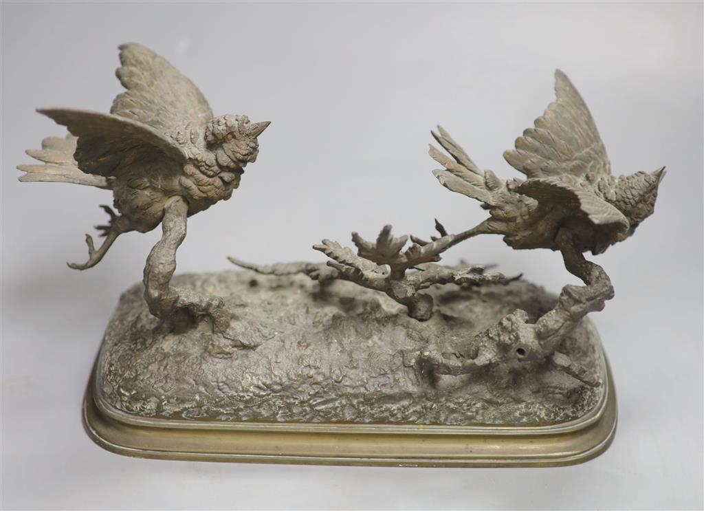 Ferdinand Pautrot (1832-1874), a bronze group of two songbirds in flight, signed, width 29cm